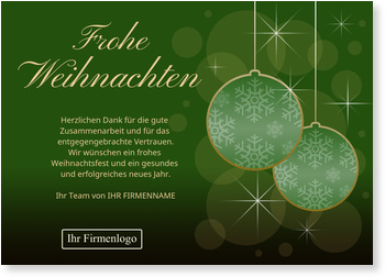 Glitzernde Weihnachtskugeln in Grün Weihnachtskarten geschäftlich