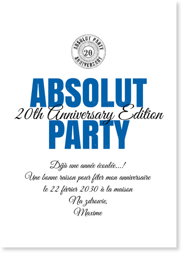 Absolut Party Carte D Invitation D Anniversaire Ans A Personnaliser Bonnyprints Fr